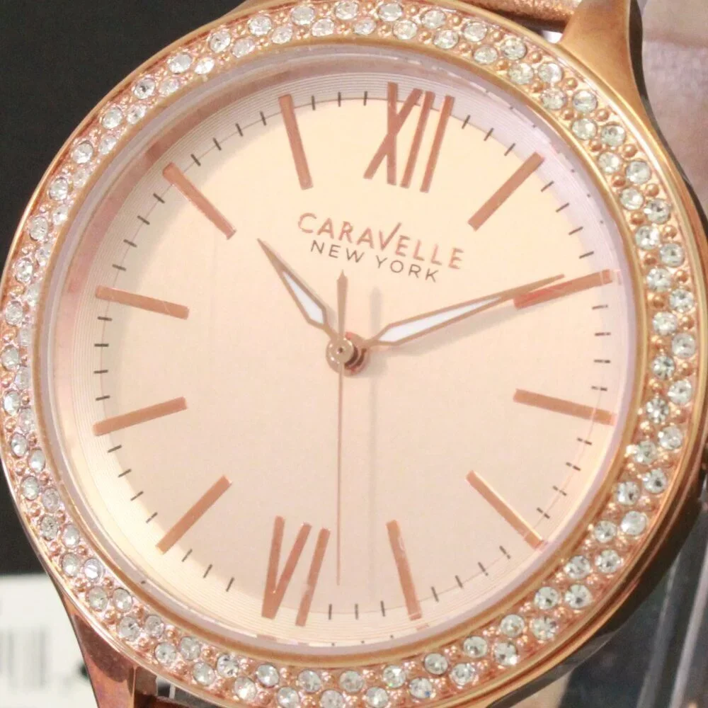 Caravelle Ladies Dress Watch By Bulova Crystal Bezel Dial Rose Gold Tones 38mm